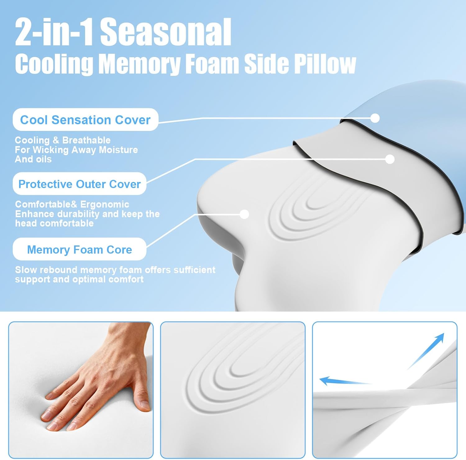 Side Sleeper Pillow with Arm Hole, Ergonomic Memory Foam Cervical Pillow for Neck and Shoulder Pain Relief 2PCS Pillowcase, Ergonomic Knee, Leg, Arm Pillow for Adults