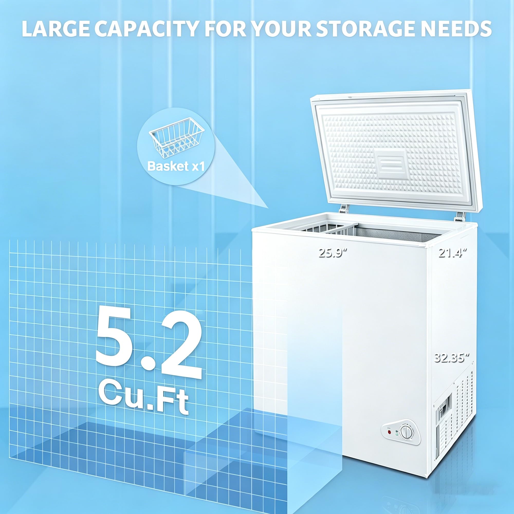 Compact Deep Freezer, 5.2 Cu Ft Chest Freezer With 6 Adjustable Thermostat, Top Open Door Freezer With Removable Basket, Energy Saving Freezer For Home, Apartment, Office, White on Fridge.com - View 2