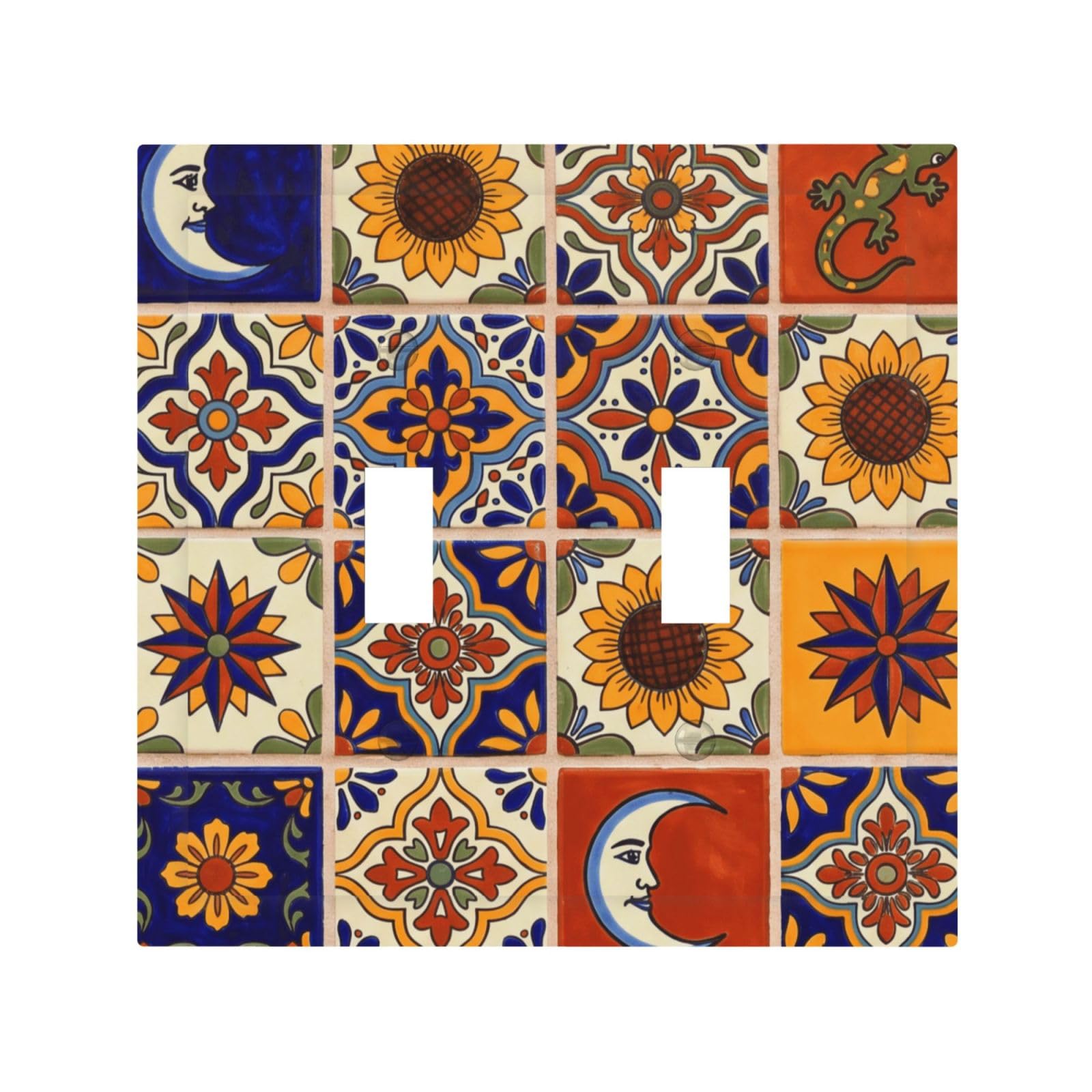 DWBGUO Decorative Light Switch Cover Plate Colorful Mexican Talavera Tile 2 Gang Outlet Covers Double Toggle Wall Plates for Electrical Outlets Switch Plate Covers Faceplate for Kitchen Home Decor