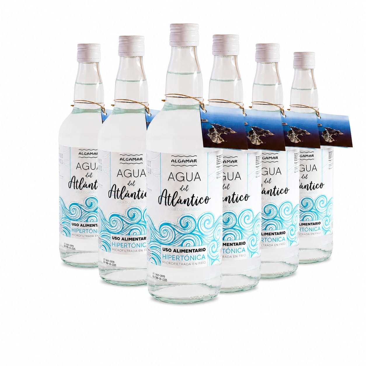 Pack 6 x Agua de Mar Algamar 1 L, hipertónica y microfiltrada en frío, agua marina del Atlántico para uso alimentario, 6 botellas de cristal para cocinar y recetas