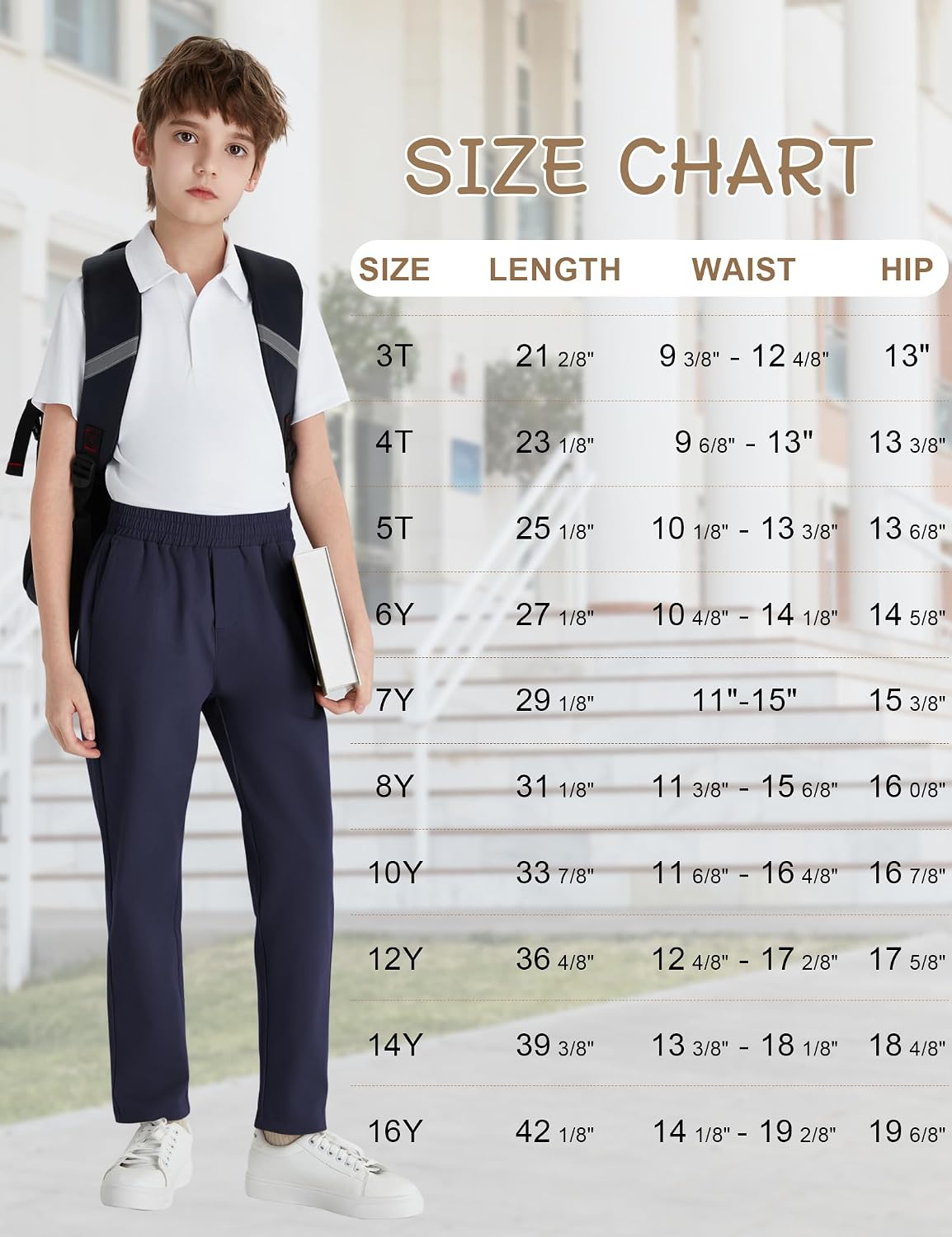 QBK Boys' Elastic Waist Chino Uniform Pants for Kids & Youth （3T-16Y）