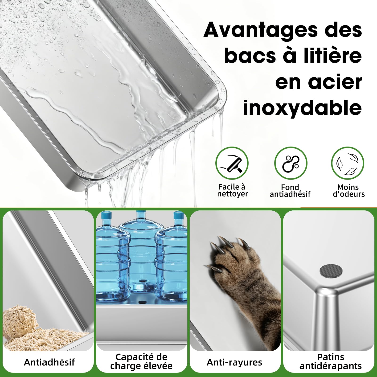Bac à Litière INOX XXXL – Grand Bac Ouvert pour Chat, Gris foncé | Bords Hauts Anti-Fuite, Panneaux Semi-Transparents, Cuve Profonde Amovible, Surface Antiadhésive, Nettoyage Facile