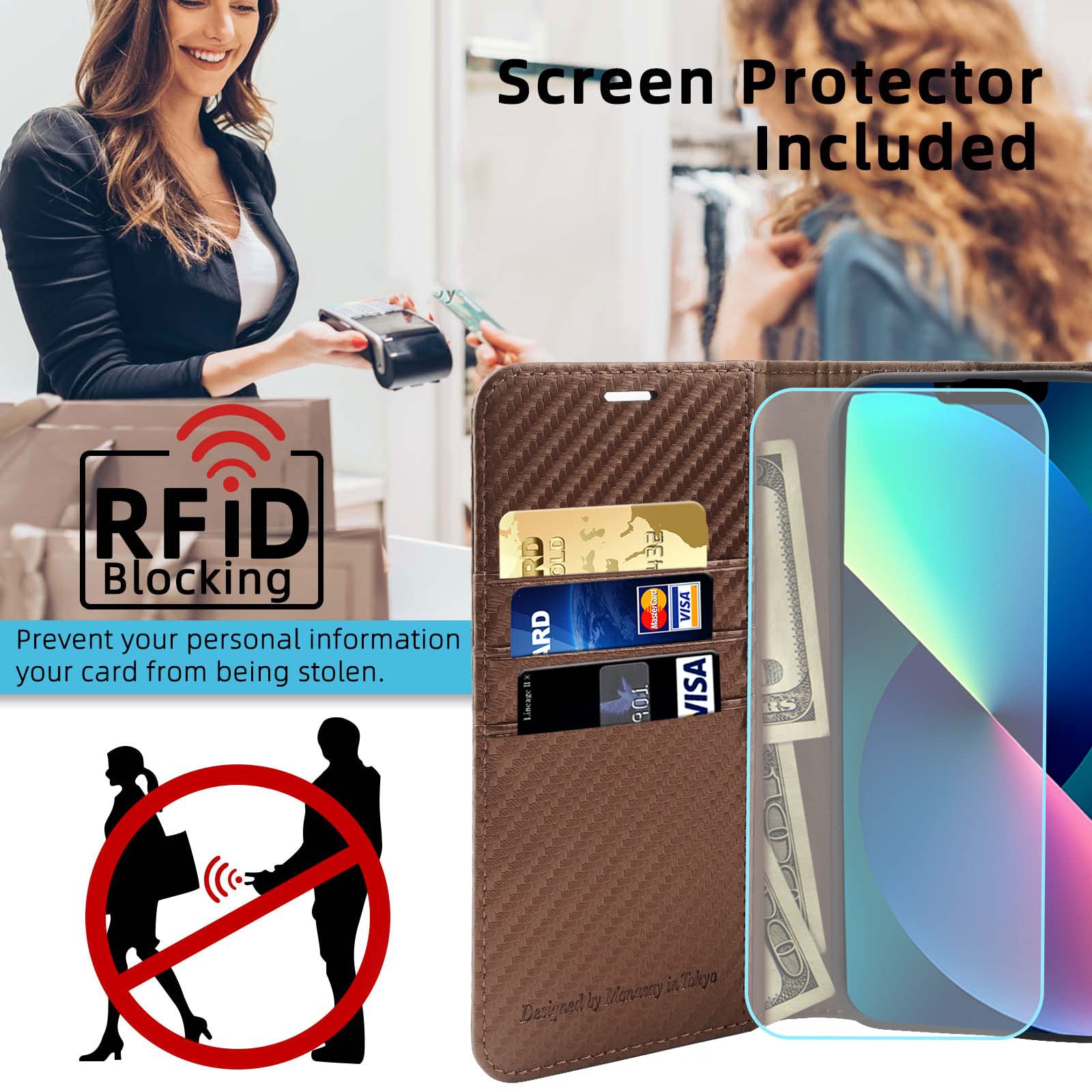 MONASAY Wallet Case Compatible for iPhone 14/13 5G,[Glass Screen Protector Included] [RFID Blocking] Flip Folio Leather Cell Phone Cover with Credit Card Holder?6.1-inch?Coffee