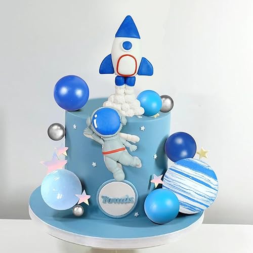 Miniatura 4 de Decoración para tartas espaciales, figuras de astronauta del espacio exterior, bolas de cohete y estrellas, decoraciones temáticas espaciales para
