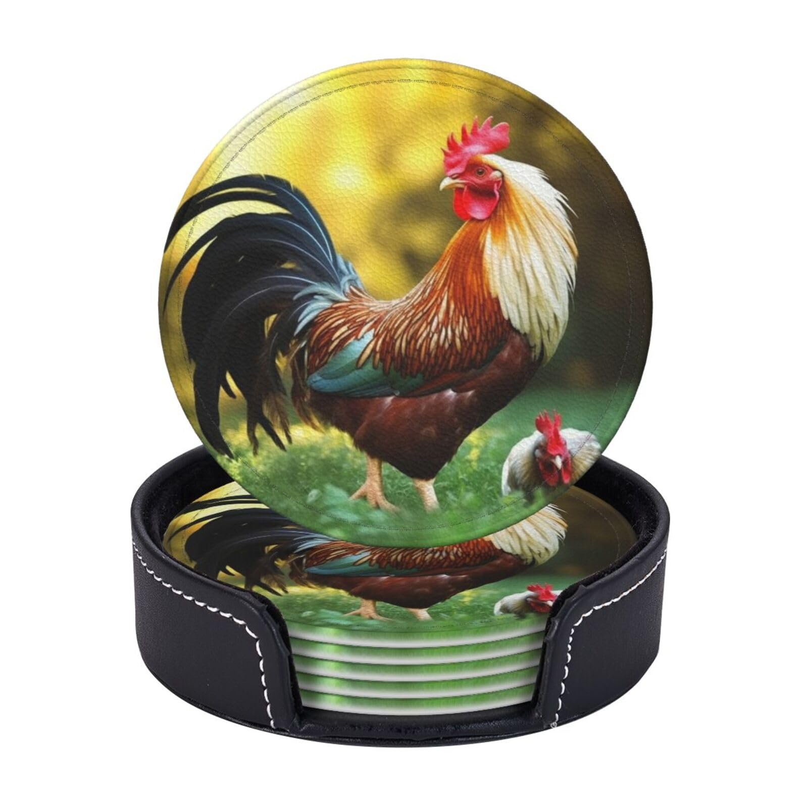 Round Coasters for Drinks Set of 6 - PU Leather Coasters with Holder - Modern Drink Coasters for Coffee Table - Beautiful Rooster Hen Coaster for Tabletop Protection 4" Cup Mat Pad