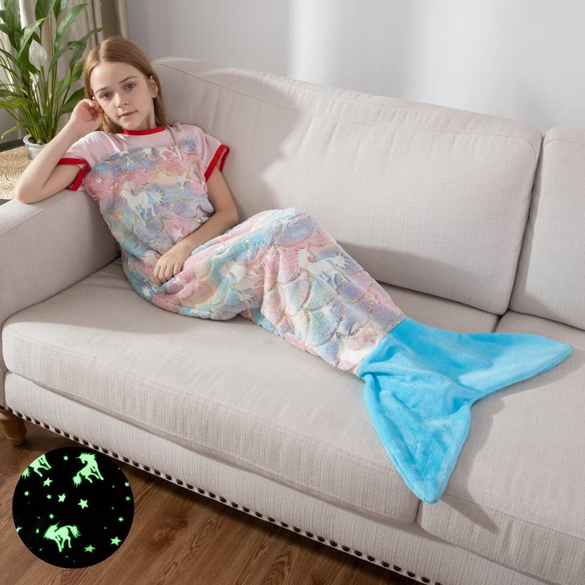 Glow in The Dark Mermaid Tail Blankets, Unicorn Luminous Super Soft Colorful Tie Dye Toddler Girls Toys, Gifts for Girls for Birthday Christmas Halloween Thanksgiving