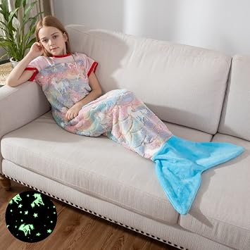 Glow in The Dark Mermaid Tail Blankets, Unicorn Luminous Super Soft Colorful Tie Dye Toddler Girls Toys, Gifts for Girls for Birthday Christmas Halloween Thanksgiving