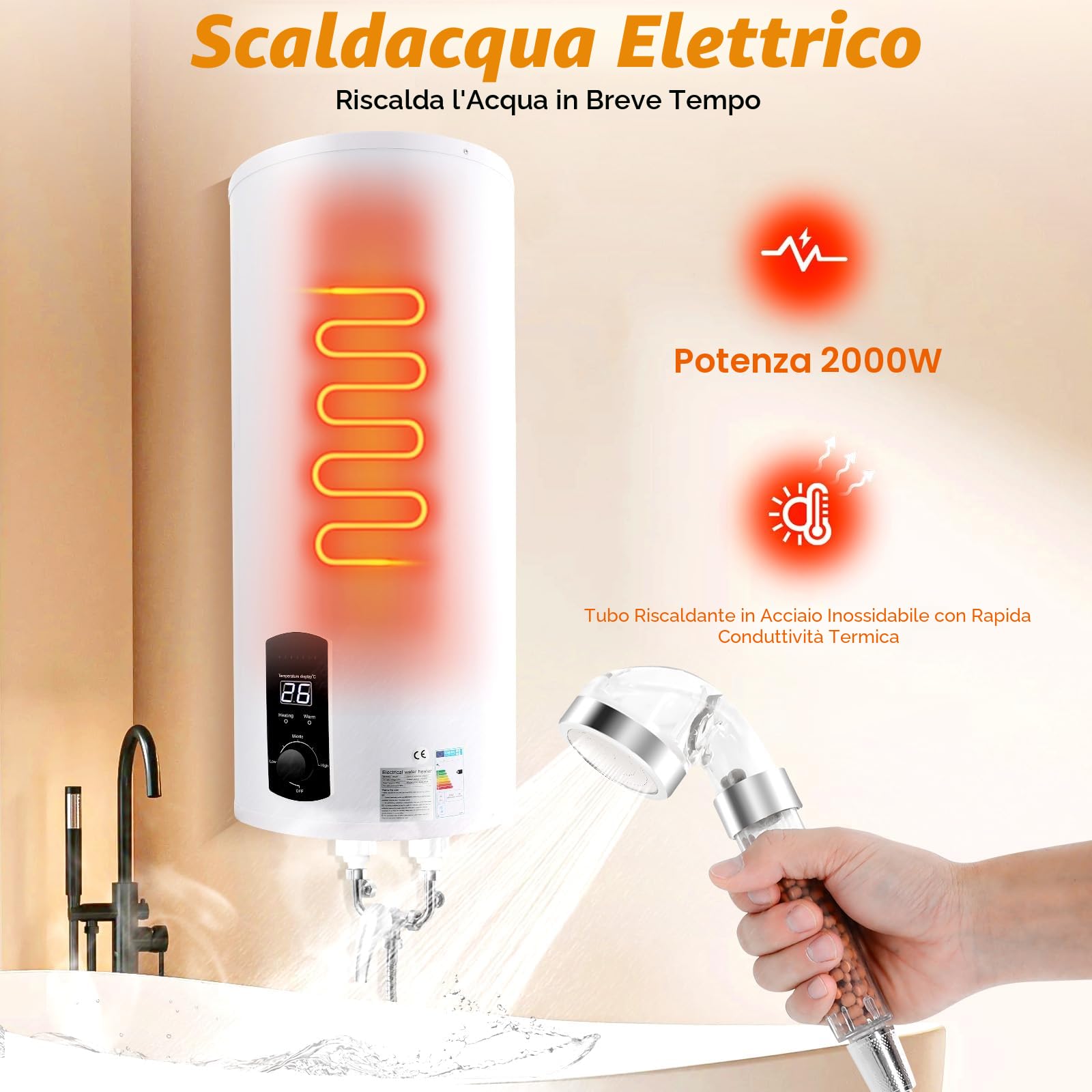 100L/120L Scaldabagno elettrico da 2000 W, boiler termico intelligente, funzionamento digitale, per bagno, lavandini da cucina (Bianco, 100 L)