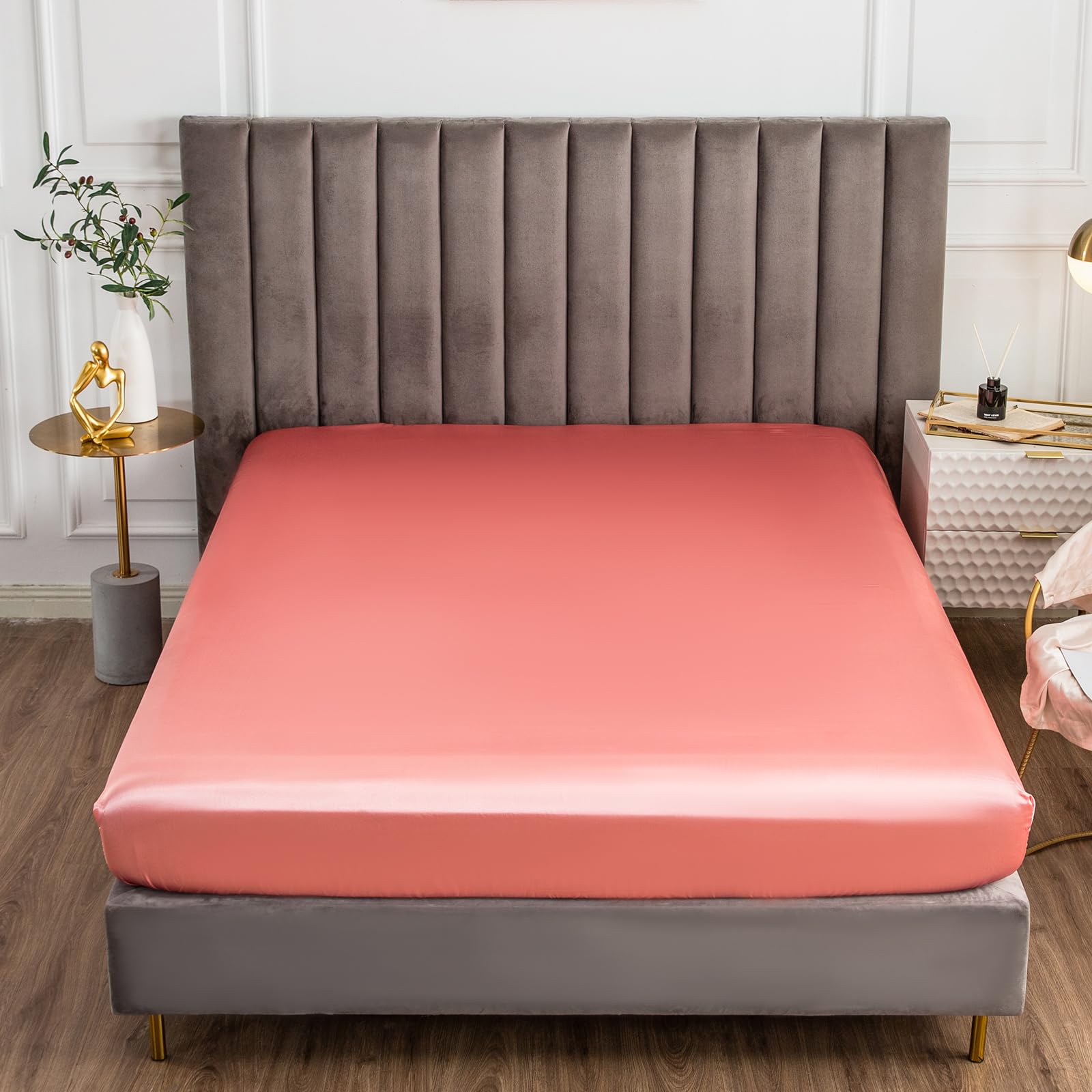 Morbuy Single Fitted Sheet Satin Silk Bed Sheets, Pink Fitted Sheets Deep Pocket 30 cm, Easy Care Ultra Soft Silky Fitted Bedsheets Good for Skin & Hair — image 1
