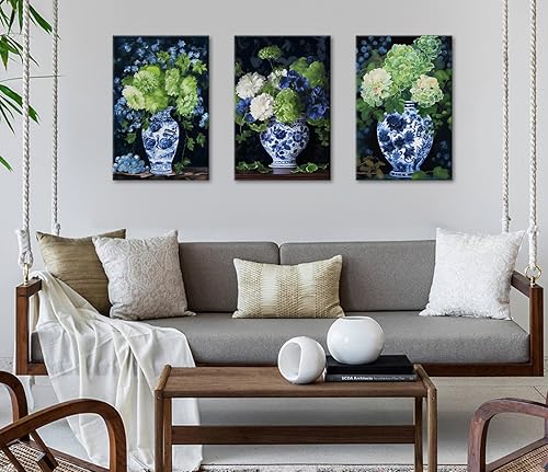 Miniatura 2 de Chinoiserie Decor – Jarrón chino oriental de porcelana azul blanco pintura floral acuarela hortensia arte de pared moderno imágenes de flores