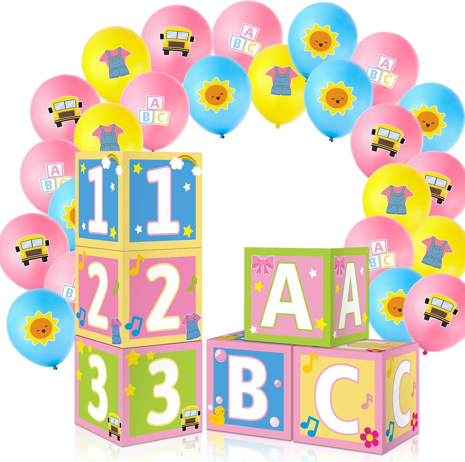 30Pcs Party Decorations English Teacher ABC Alphabet 123 Party Favor Boxes Cartoon Teacher Balloons for Cartoon Birthday Baby Shower School Classroom Party Supplies Photo Booth Props