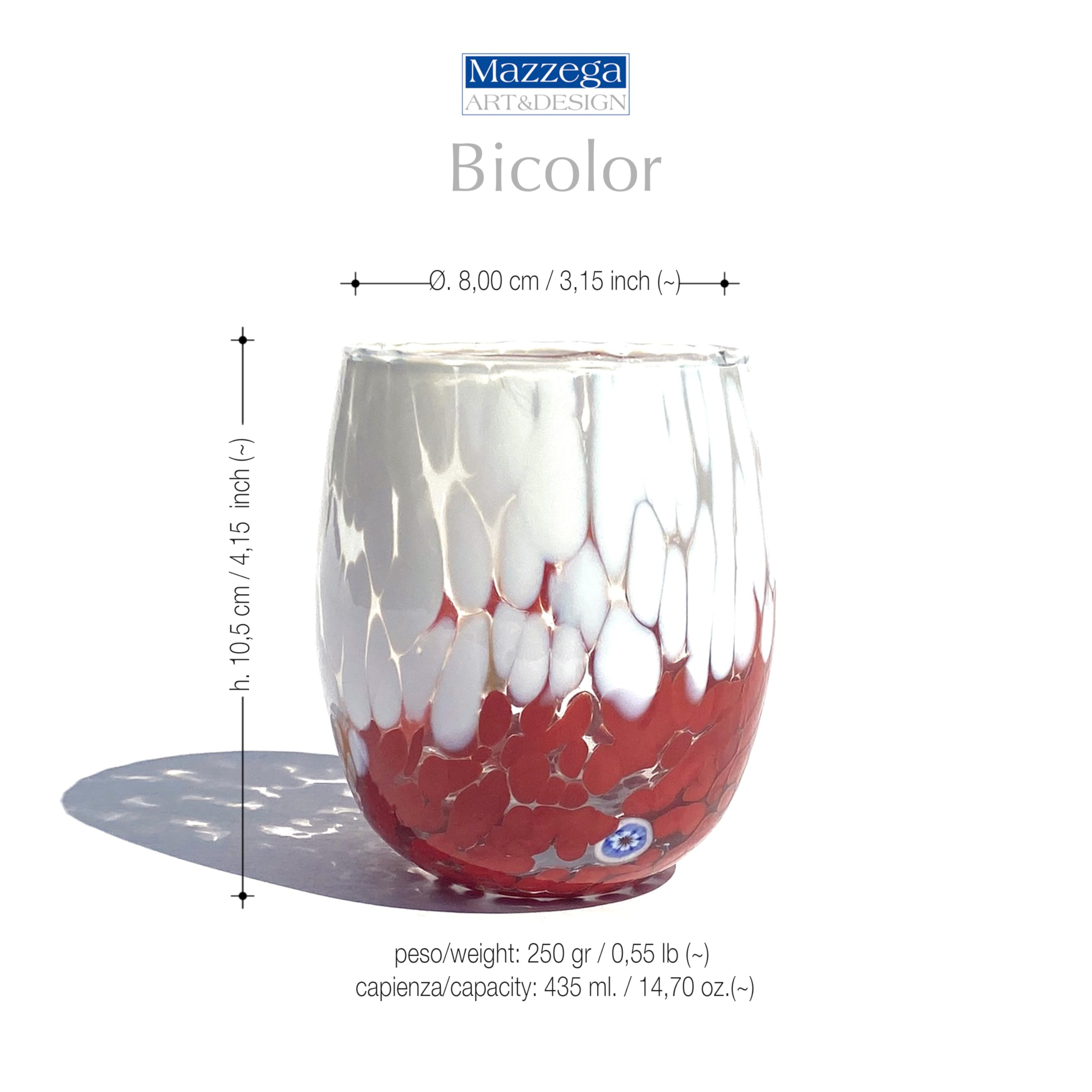 MAZZEGA ART & DESIGN - 6 Bicchieri Acqua Big Bicolor in Vetro Soffiati e Lavorati a Mano con Murrine di Murano, linea “I Colori di Murano” 435 ml. Made in Italy (MIX-SR, 6)