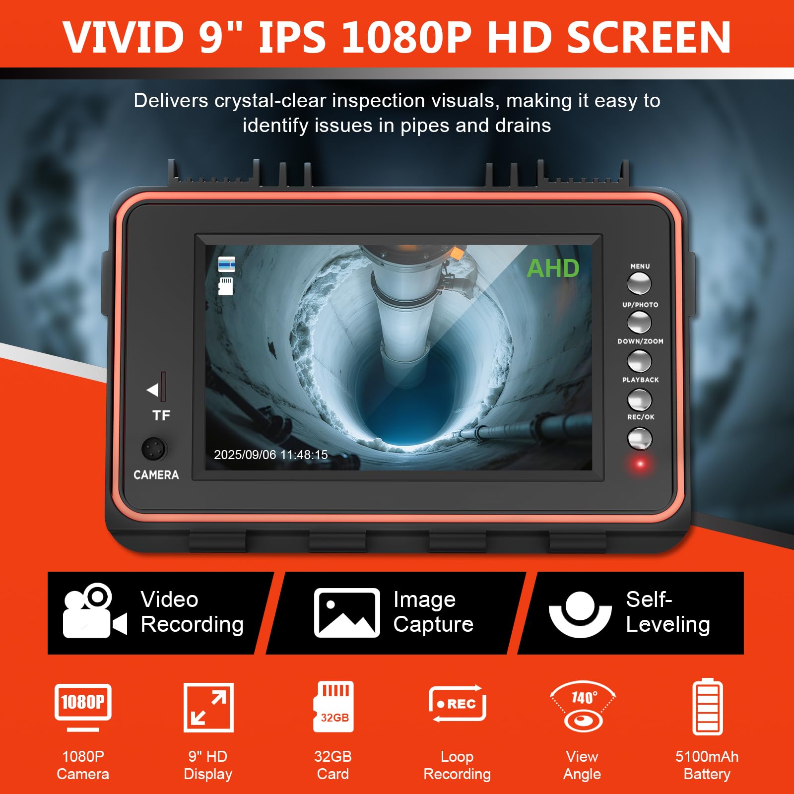 Cámara de alcantarillado, cámara de drenaje autonivelante de 100 pies con contador de distancia, 9 pulgadas 1080P HD cámaras de fontanería serpiente con 12 luces LED, IP68 y 32 GB DVR, endoscopio