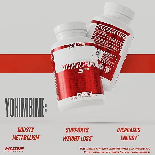 Miniatura 4 de Huge Supplements Yohimbina HCl, Recomendación corporal, fórmula avanzada de energía y rendimiento, 5 mg por porción (60 cápsulas)