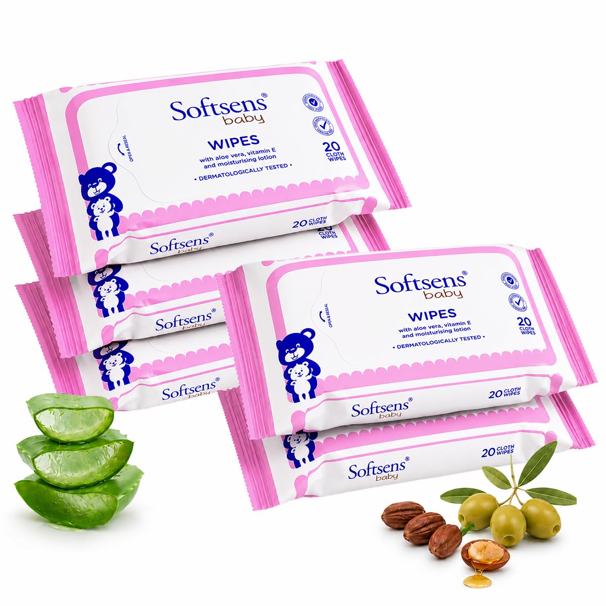 Softsens Baby Gentle Cloth Wipes for Baby Skin Enriched with Aloe Vera & Vitamin E I Dermatologically Tested & Parben Free - 20 Wipes (Pack of 5)-picture-35