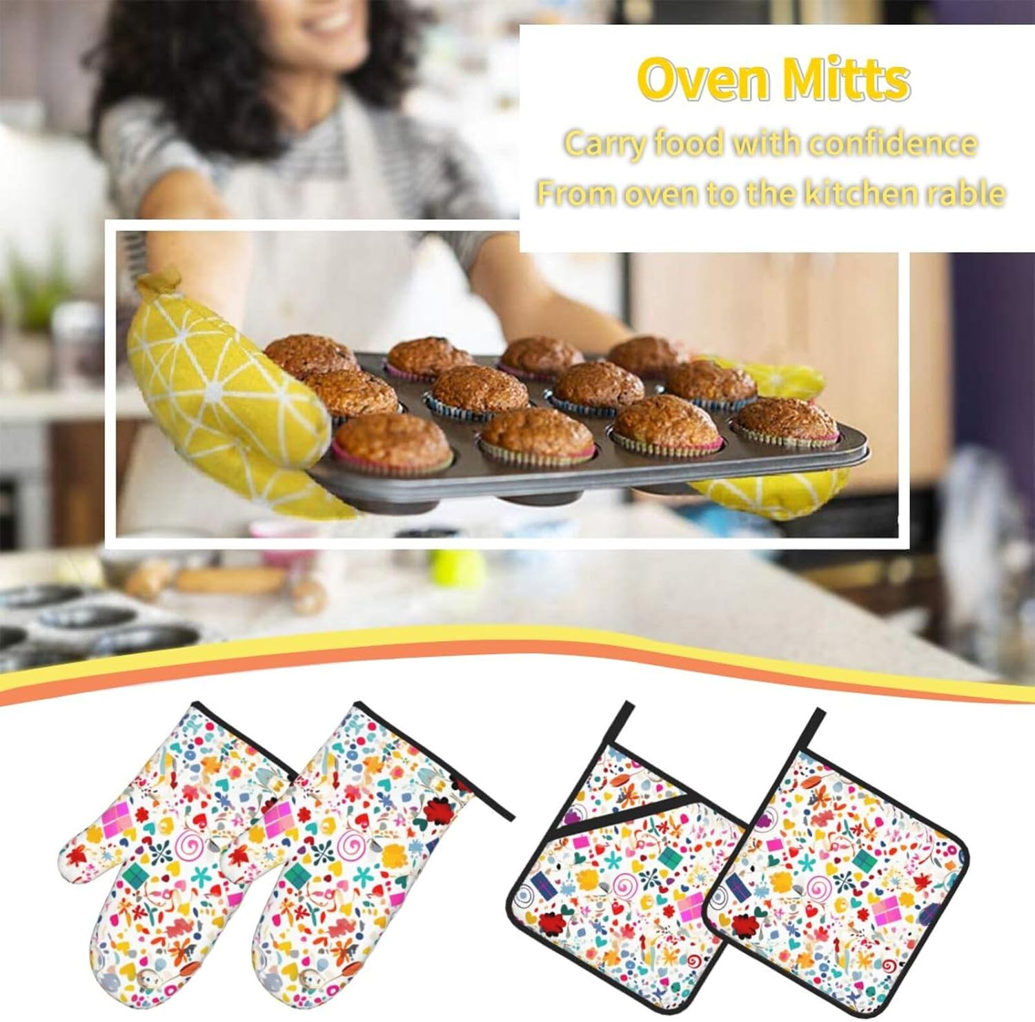 Happy Birthday Background Patterned Kitchen Baking 4-Piece Set, High Temperature Resistant Oven Mitts and Potholders Set for Cooking Baking Grilling