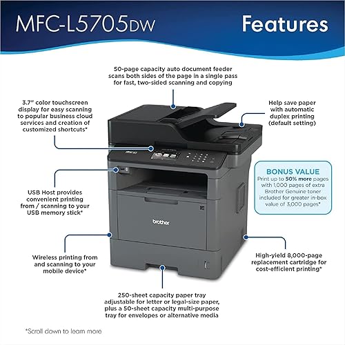 Miniatura 2 de Brother MFC-L5705DW Impresora láser monocromática inalámbrica todo en uno, fax de escaneo de copia de impresión, dúplex (2 caras), Ethernet, USB 2.0