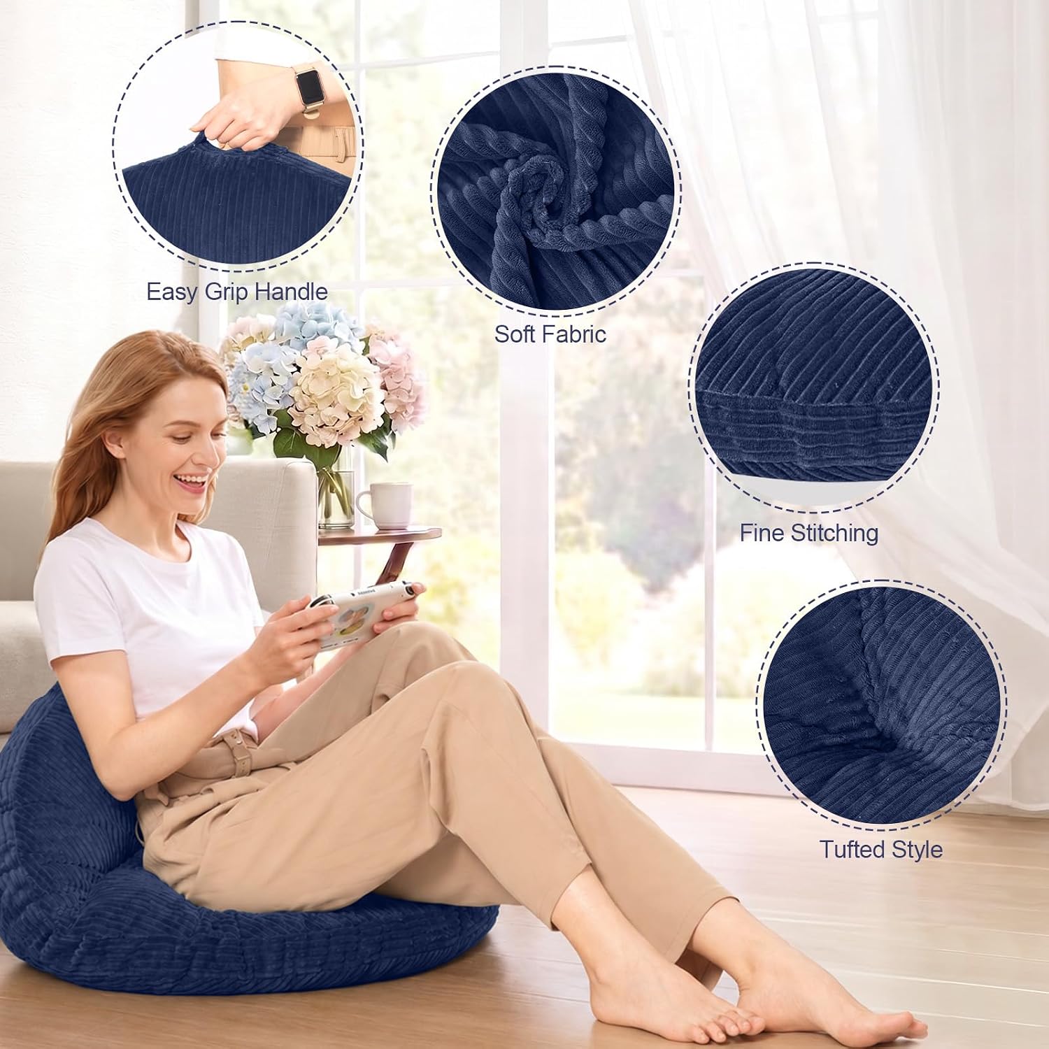 Meditation Floor Cushion, 32 Inch Large Round Floor Pillow for Adults, Soft Tufted Corduroy Meditation Pillow with Handle for Yoga, Reading and Cozy Tatami Seating, Navy Blue