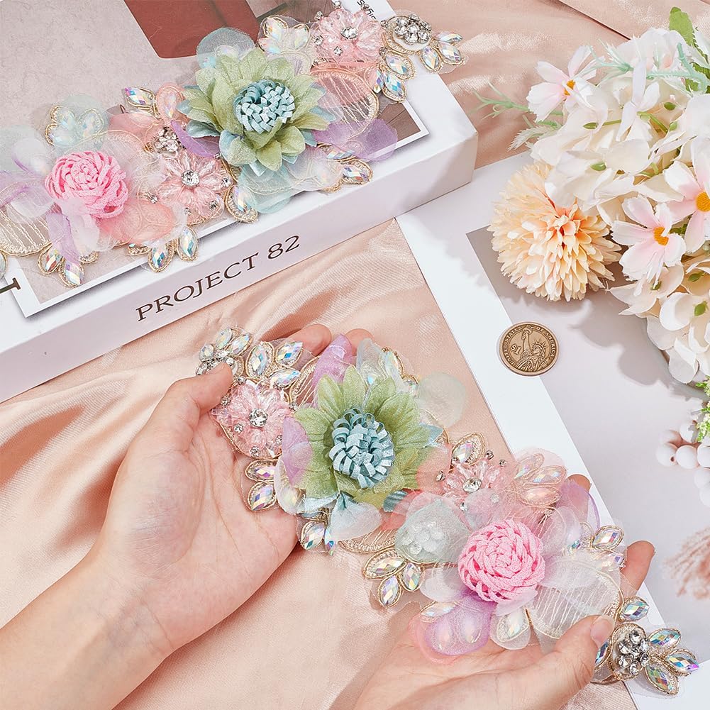 2Pcs 3D Floral Embroidery Applique Pink Rhinestone Flower Appliques Polyester Crystal Sequin Lace Sew on Tulle Patch for Sewing Making Crafts Bridal Dress Wedding Costumes Accessories Supply