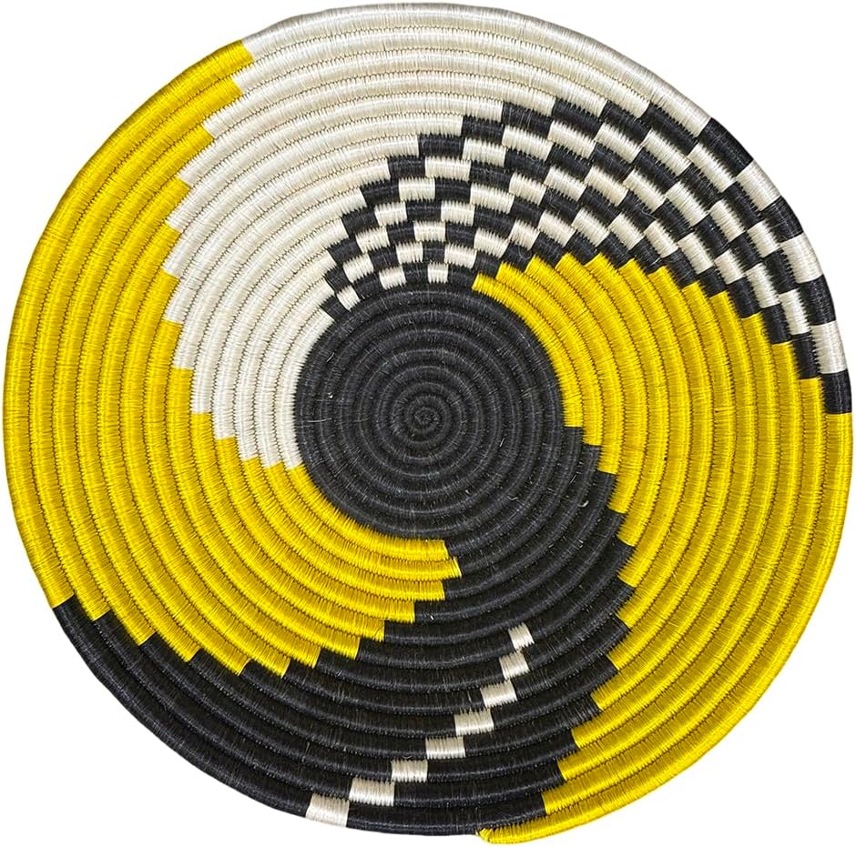 Handwoven African Sisal Basket Bowl Handmade Woven Fruit Bowl, Decorative Wall Basket for Home Décor, Living Room Centerpiece Gifts Zen Design Arts and Crafts (Swirl Black Tan, 12in diameter)