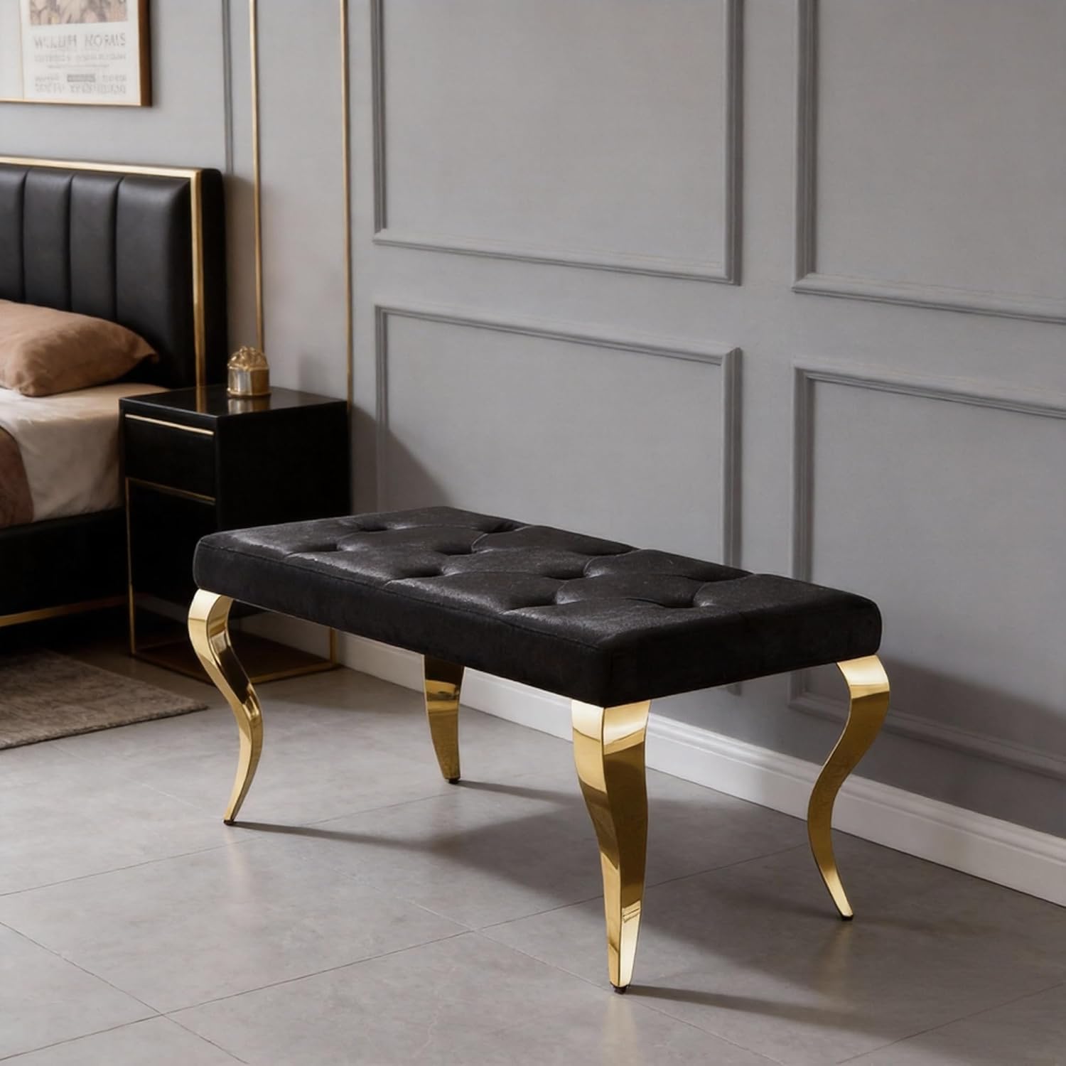 AUZ Velvet Upholstered Bench, Black and Gold Button Tufted Bench with Polished Stainless Steel Cabriole Legs for Dining Room, Bedroom End of Bed