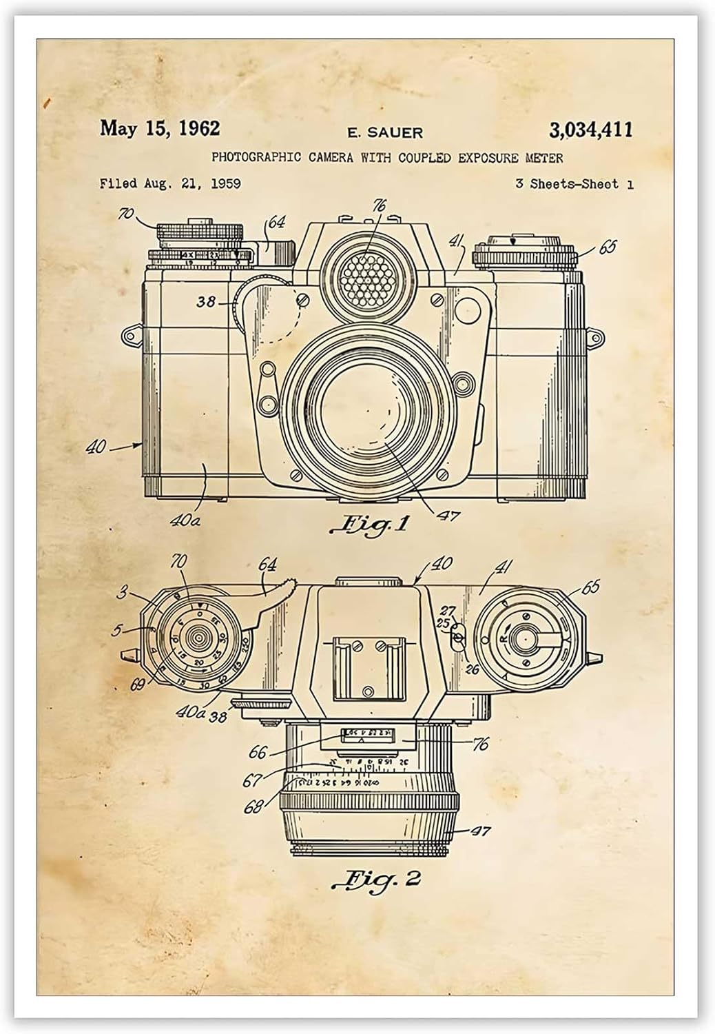 Camera Patent Print Canvas Wall Art Vintage Patent Drawing Poster Classic Cool Photography Enthusiasts Antique Prints Painting For Living Room Bedroom Office Wall Decor 24x36in Unframed