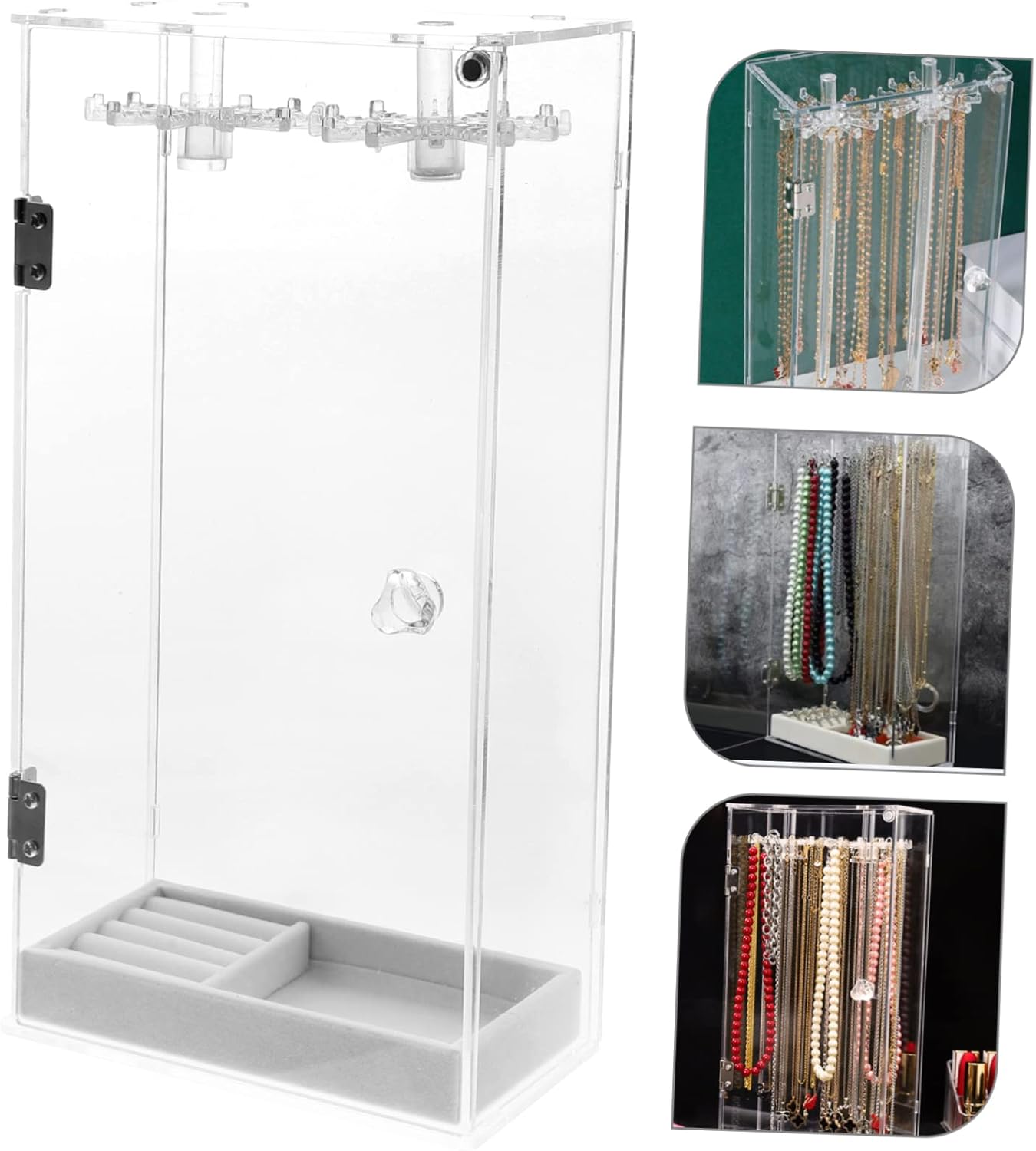 Clear Acrylic Necklace Holder with Rotatable Hooks and Dustproof Tray Transparent Jewelry Organizer Stand for Necklaces Bracelets Rings and Earrings Stylish Desktop Display Rack