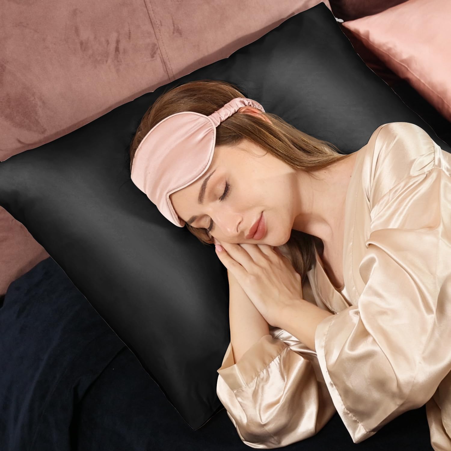 Adubor Silk Pillowcase 2 Pack for Hair and Skin with Hidden Zipper, Both Sides 23 Momme Silk Pillow Case (Black, Queen: 20''X30'')