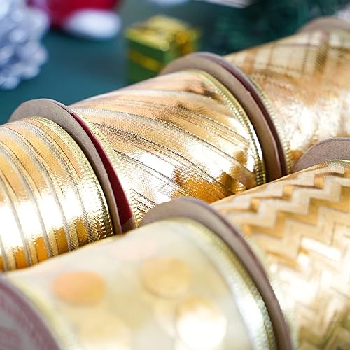 Miniatura 6 de MEEDEE - Cintas de Navidad de 2.5 pulgadas, 6 rollos, 36 yardas en total, brillantina dorada con alambre, para decoración de árbol de Navidad,