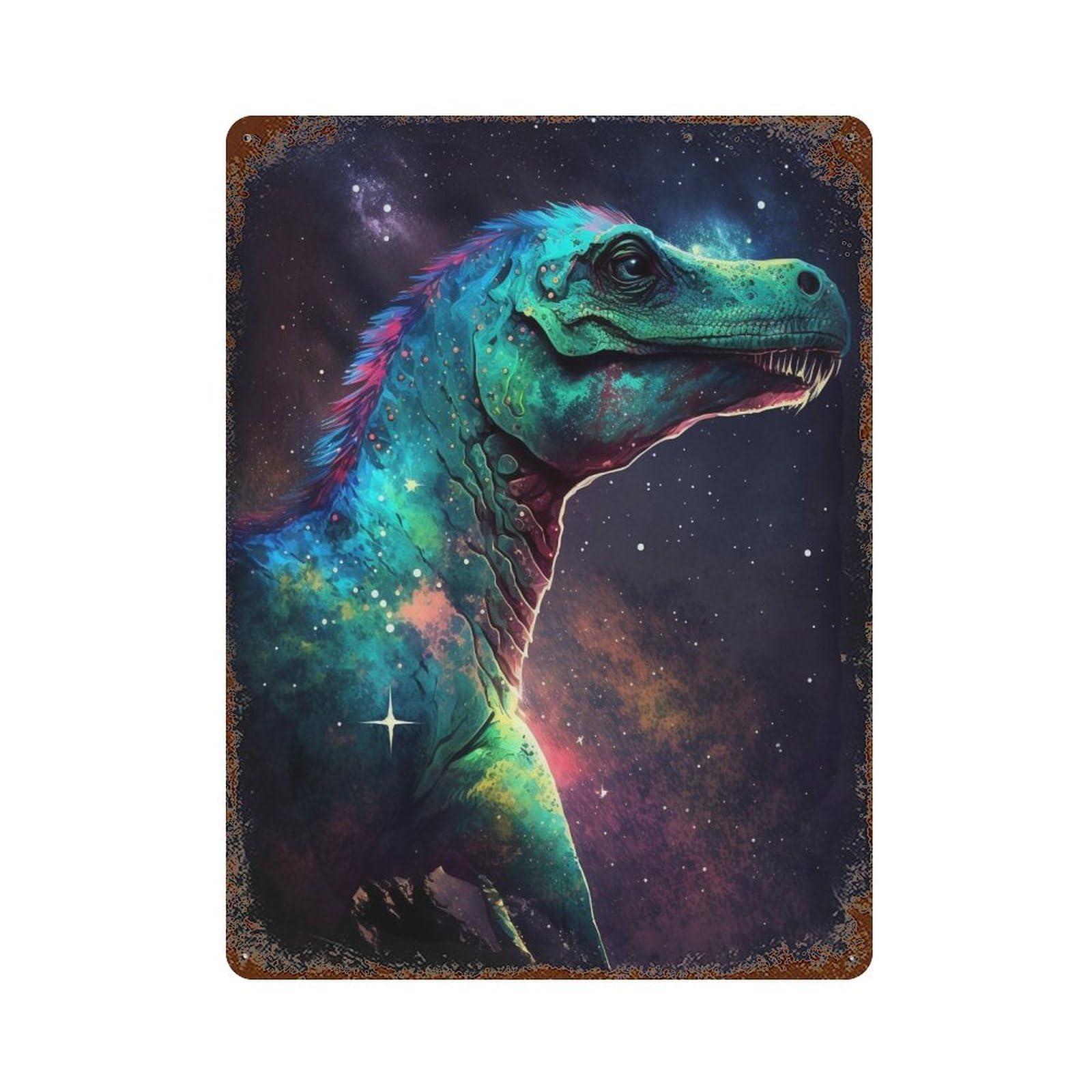 Cosmic Dinosaur Art Print-1 Vintage Rust Metal Sign 15.7"x11.8", for Garage, Bar And Workshop Decor, Decorative Metal Wall Art