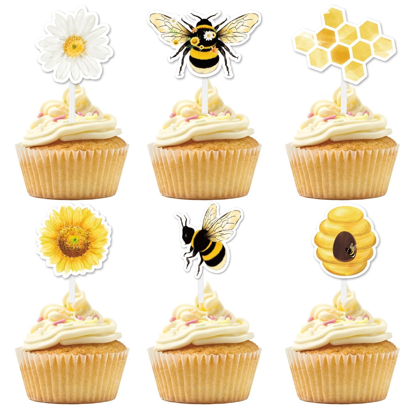 WERNNSAI Bee Party Cupcake Topper - 36 PCS Bumble Bee Party Decorations for Kids Girls Boys Yellow Honey Bee Themed Birthday Party Supplies Baby Shower Cake Decoration