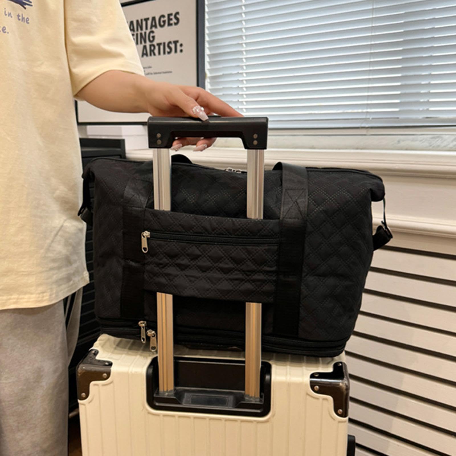 Bolsa de viaje plegable con ruedas, bolsa de viaje plegable con ruedas, equipaje de mano expandible, bolsa de lona de gran capacidad para esposa, padres, Black, Refer to , Unisex | equipaje de mano expandible, bolsa de de gran capacidad para esposa, padre