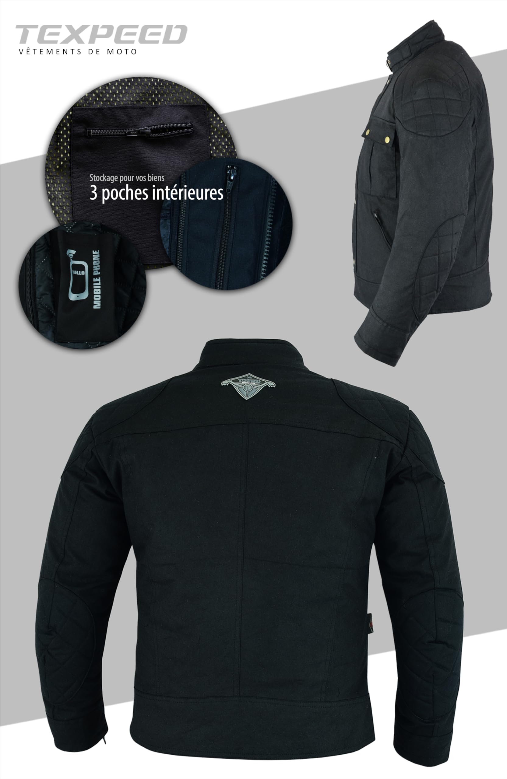 Texpeed Cirée imperméable veste homme homologué avec protection - Hiver court blouson motard avec armure CE (EN 1621-1) Noir - XXL | EN 17092 Vêtement de moto renforcé EN 1621-1 [niveau 1] Armure de motard flexible, doublure thermique d'hiver amovible