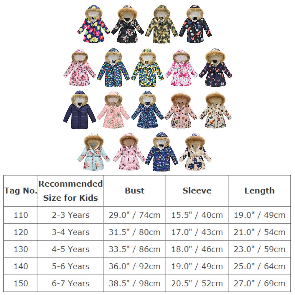 Boys Girls Floral Butterfly Print Winter Coat Cotton Parka Hooded Snowsuit Thicken Warm Fur Collar Hooded Down Windproof Puffer Jacket Lightweight Outerwear Windbreaker Pink Butterfly 01 5-6 Years