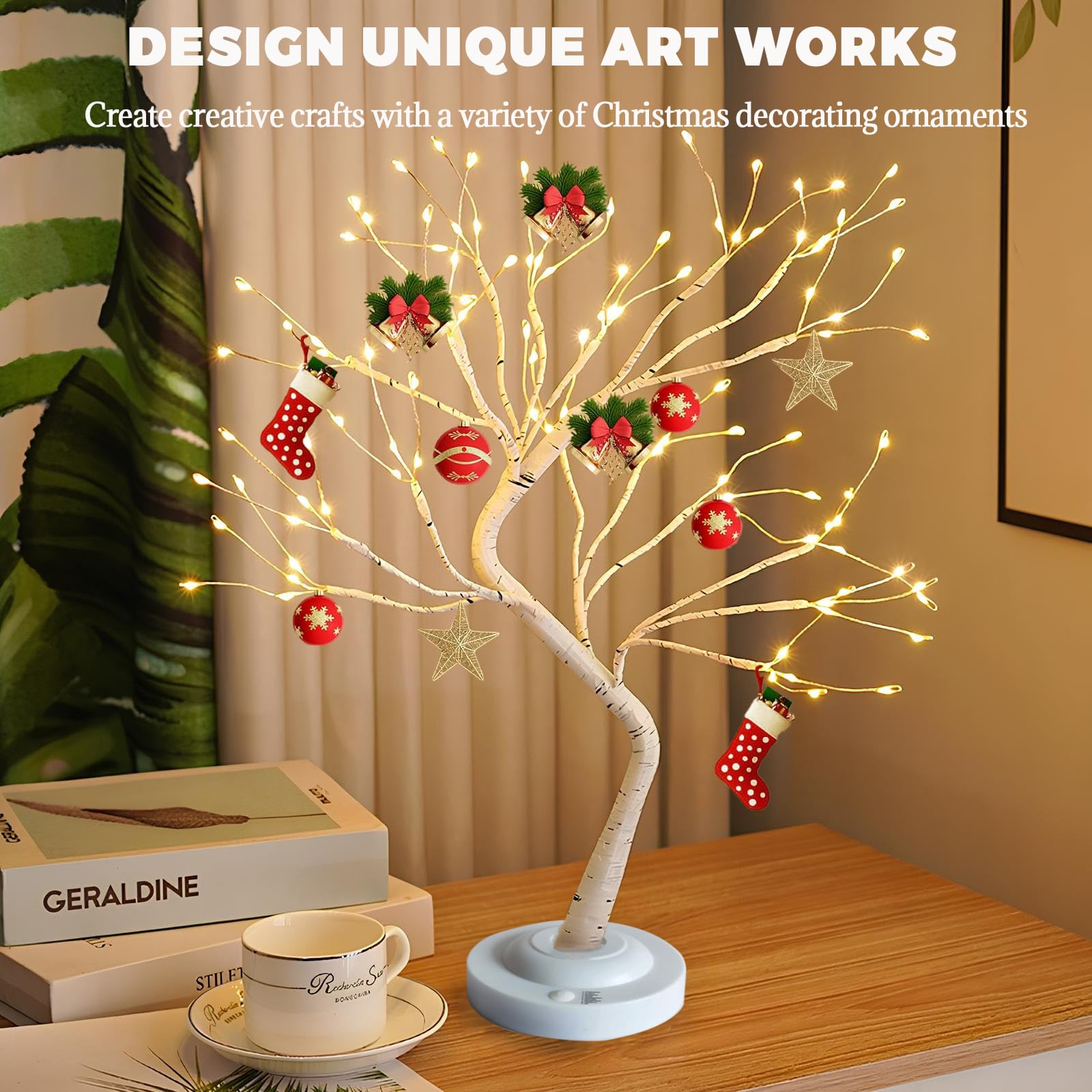 Albero Bonsai LED 60cm Con Luci Calde | Acero Giapponese Illuminato Per Decorazione Casa | Albero Luminoso Da Tavolo Con Foglie Rosse/Arancioni E Ghiande
