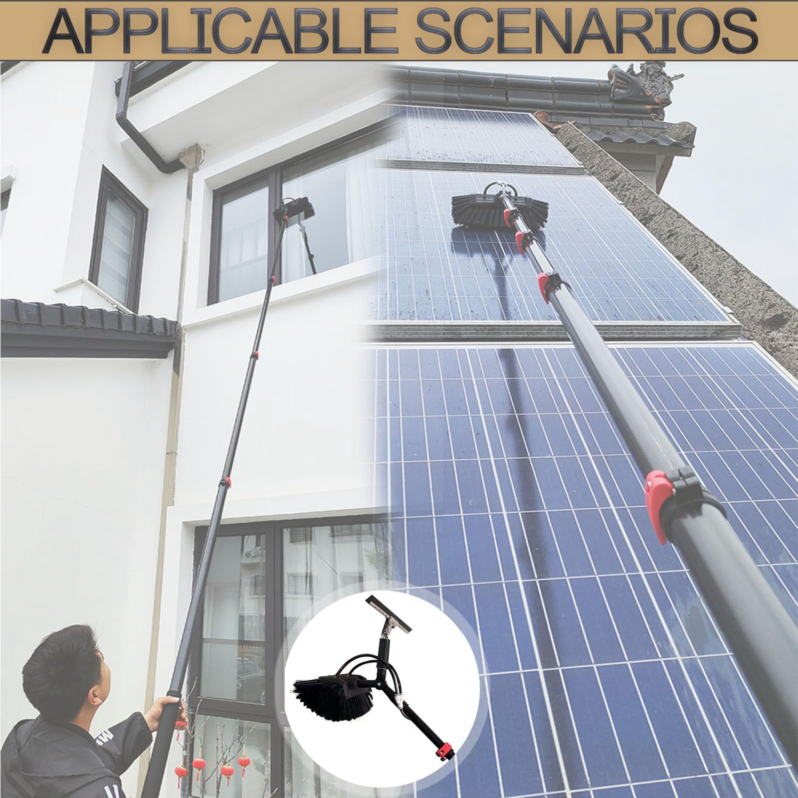 Cepillo de Limpieza hidropónica con raspador, Limpiador telescópico, Panel Solar, Kit de Limpieza de Ventanas, Varilla telescópica de 3,6 m a 10,8 m, Limpieza de Camiones, autobuses y automó