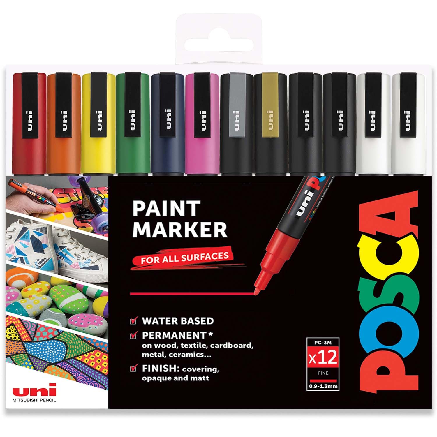 Posca Uni PC-3M Pluma de Pintura Arte Rotulador - Profesional 12 Juego de Bolígrafo - Extra Negro + Blanco