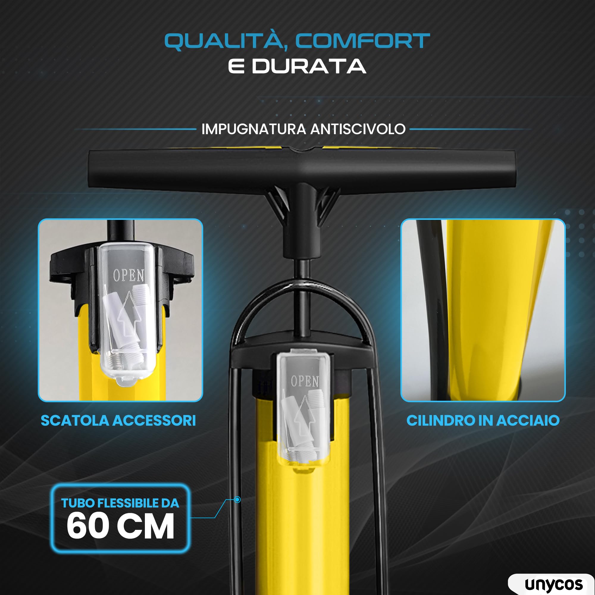 unycos - Pompa per Bicicletta con Manometro【160 PSI / 11 Bar】Compatibile con Valvole Presta e Schrader, Gonfiatore da Pavimento Portatile per Bici da Corsa, MTB, Moto, Palloni e Altri Gonfiabili