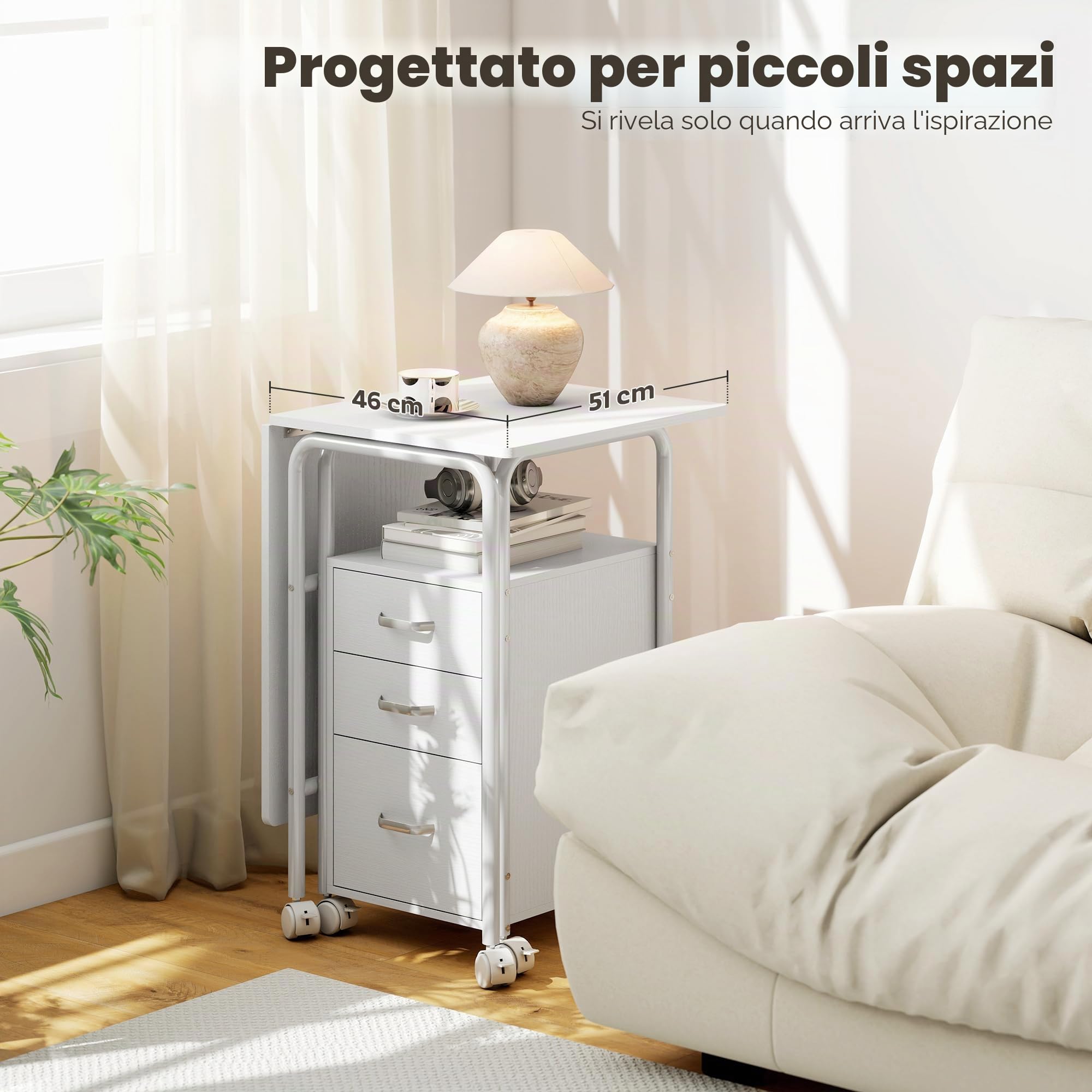 HOMCOM Scrivania pieghevole su ruote con 3 cassetti 105x51x75,5 cm Bianco