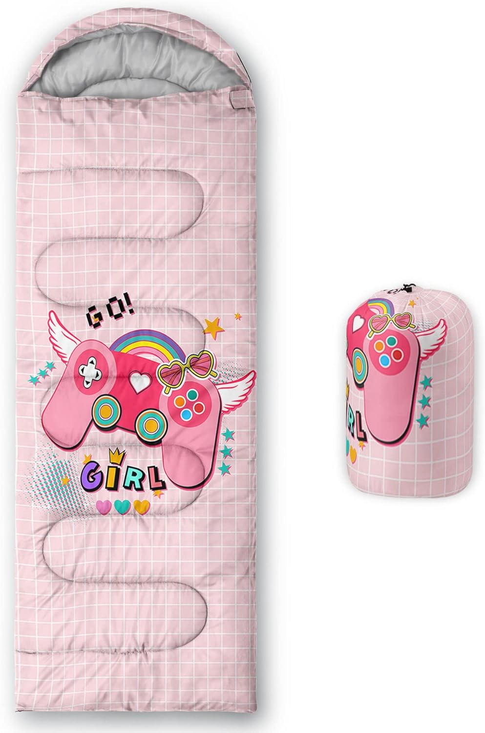 Kids Sleeping Bag for Girls,Pink Gamepad Print-Lightweight Warm Portable Outdoor Indoor-Waterproof Cold Weather Resistant Sleeping Bag for Camping Hiking(Pink Gamepad)