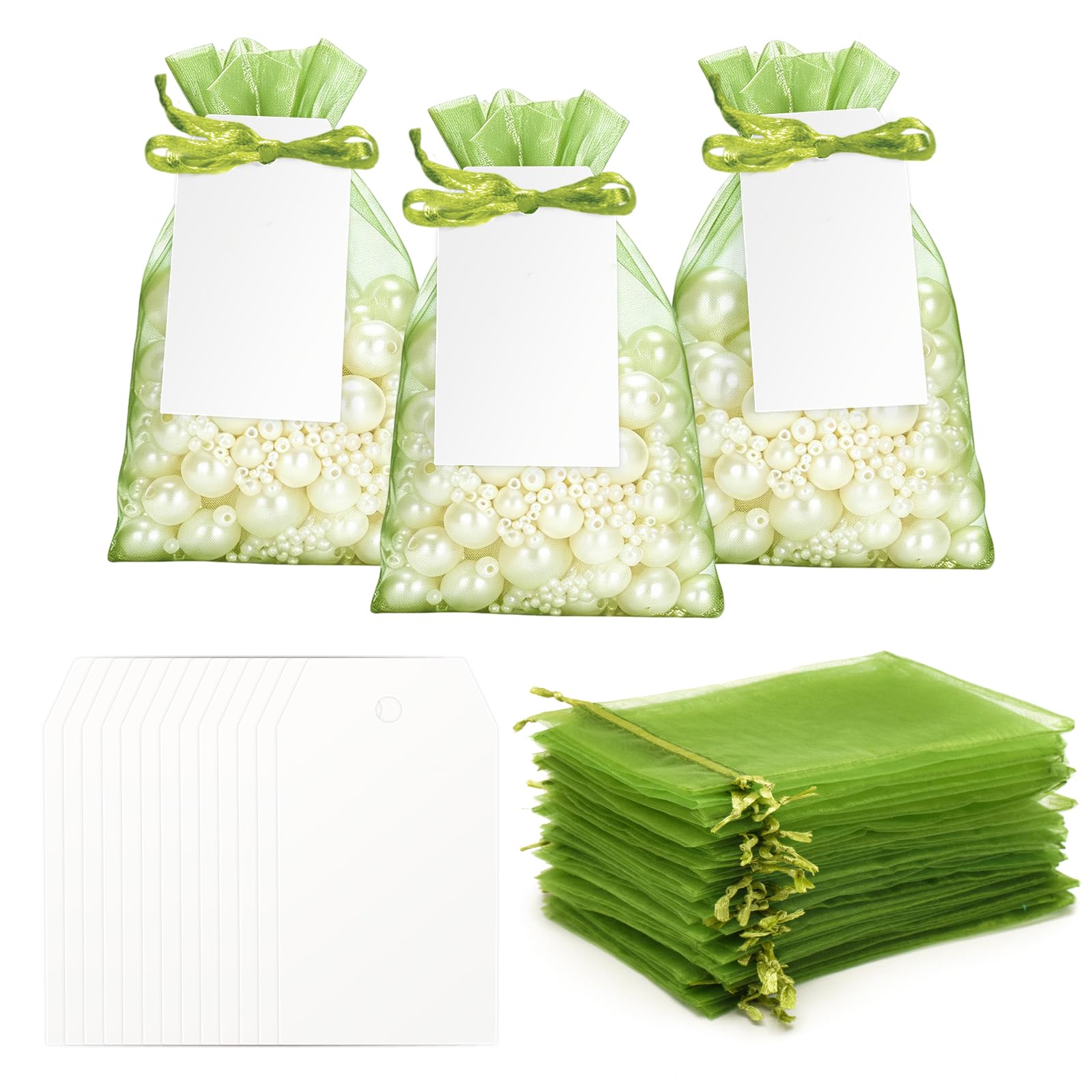 G2PLUS 25 Pack Organza Gift Bags with Tags: 10 x 15 cm Sage Green Drawstring Favour Pouches with 4 x 7 cm White Tags for Wedding Party Favours Jewellery Candy