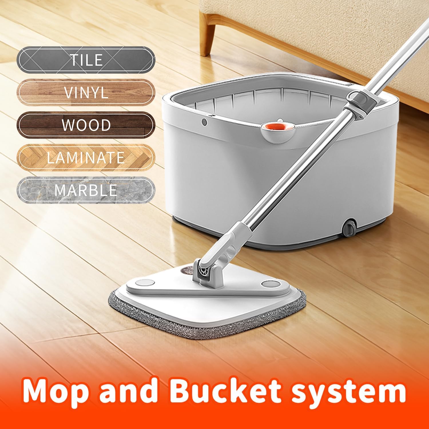 Trapeador giratorio y cubo con sistema de agua sucia y limpia M16, autoseparación, cabezal de fregona limpio giratorio de 360° y juego de cubo para suelos de mármol de baldosas de madera dura (gris)