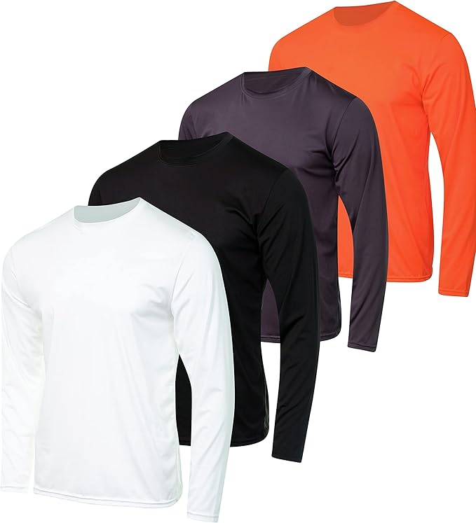 Real Essentials 4 Pack: Men's Dry-Fit Moisture Wicking Performance Long Sleeve T-Shirt, UV Sun Protection Outdoor Active Top