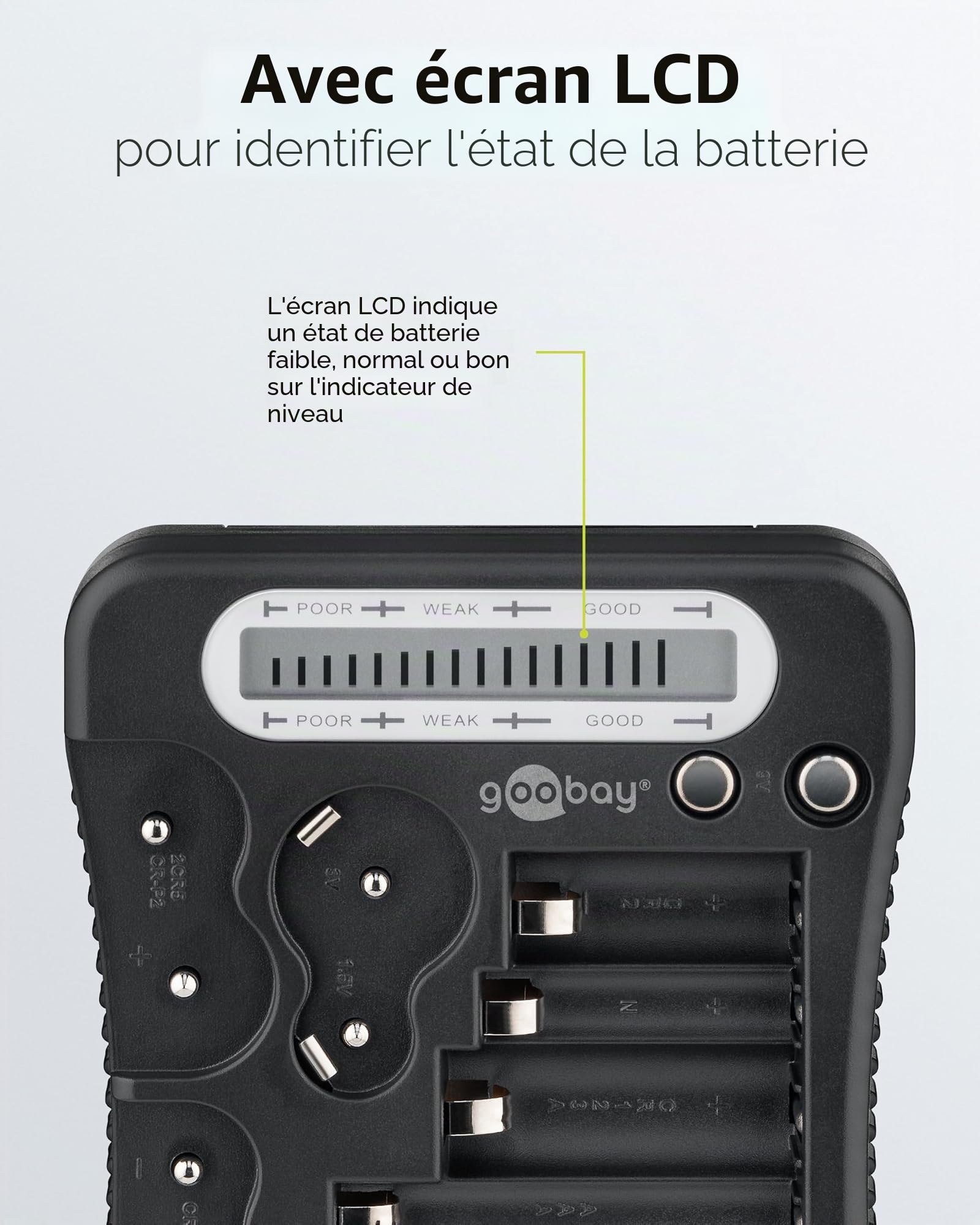 Testeur de pile LCD pour piles rechargeables et non rechargeables (AA, AAA, 9 V, C, D, CR2032, 72511)
