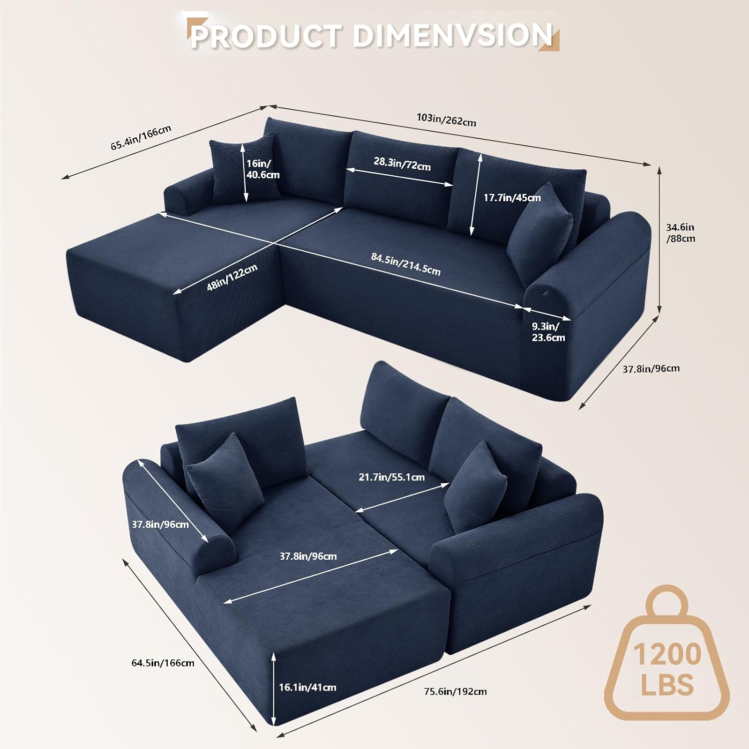 Modular Sectional Sofa with Chaise, Cloud Sectional Couch with Deep Seat, Modular L-Shape Sofa Corduroy Boneless Couch for Living Room,Bedroom,No Assembly Required(Navy Blue, Left Facing Chaise)