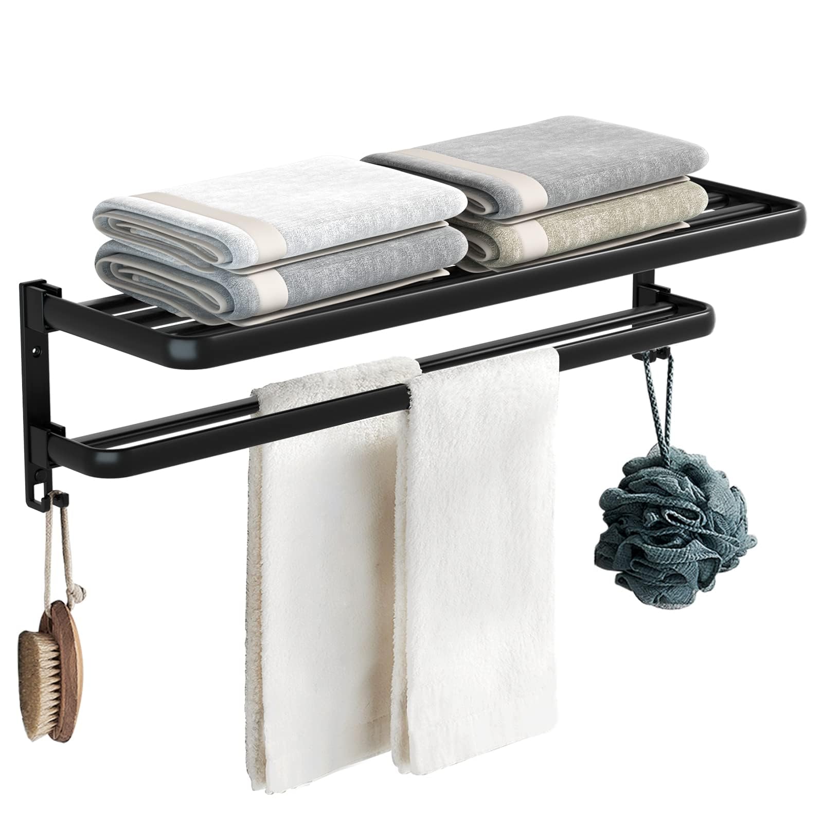Black Towel Rack With Shelf - 24 Inch Wall Mounted, Foldable, 5 Sliding Hooks, Drilling Or Adhesive Installation, For Bathroom, Laundry - View #4