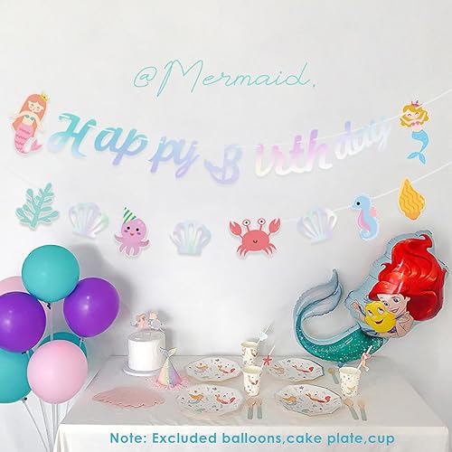 Miniatura 2 de Cartel de Feliz Cumpleaños Princesa Sirena Linda Decoración de Fiesta de Dibujos Animados Suministros Baby Shower Suministros Concha Mar Playa Pulpo