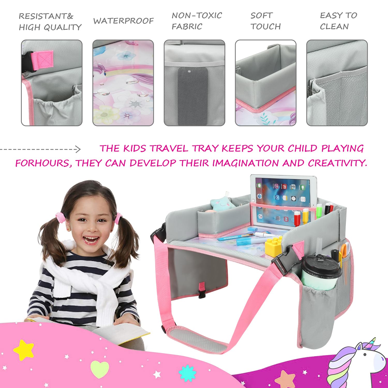 Bandeja de Viaje para coche y avión - Mesa de actividades portátil con Soporte para Tablet y Cubierta Protectora - Organizador de Coche Impermeable y Plegable.