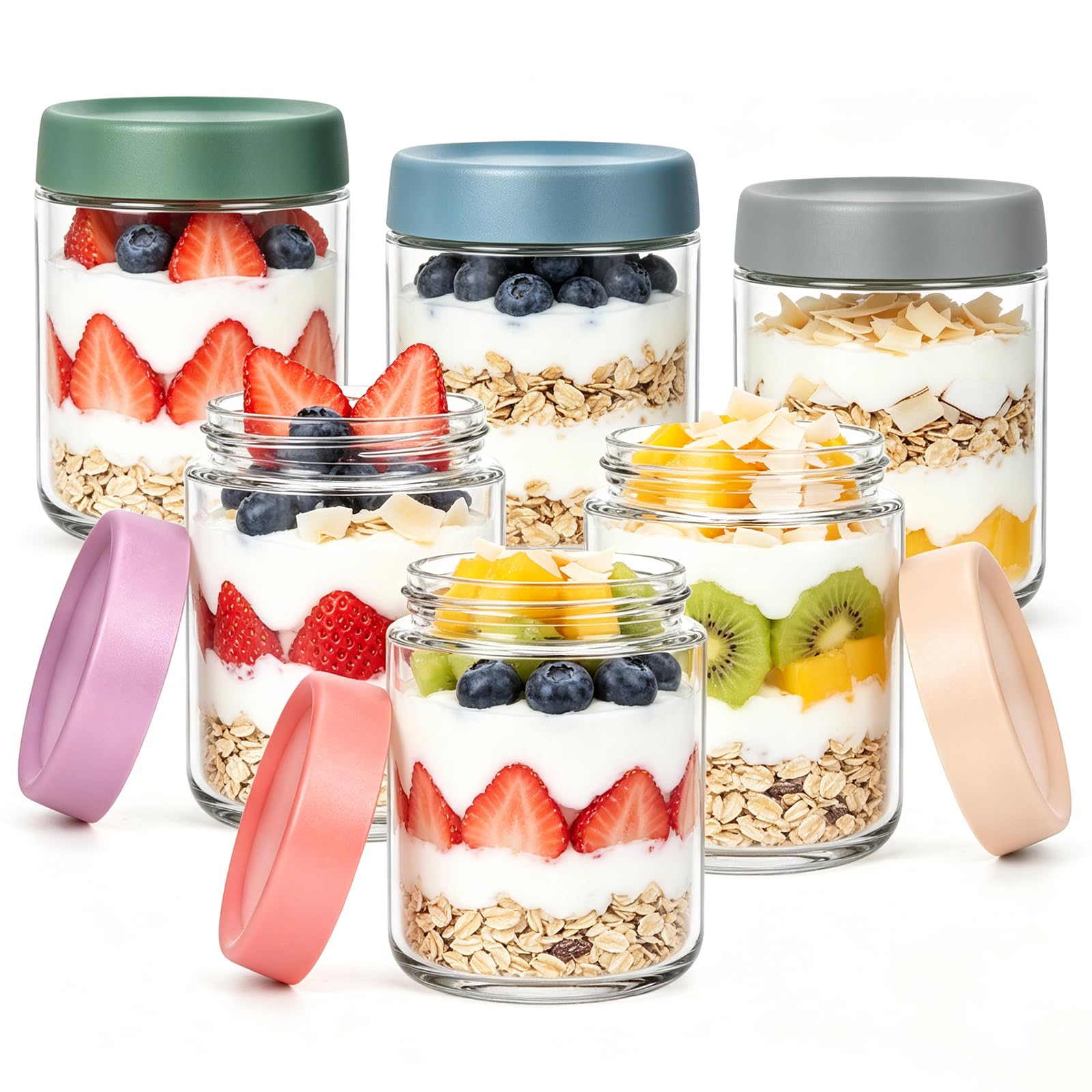 Savorella 6 Pack Overnight Oats Containers with Lids, 500ml/16oz Wide Mouth Mason Jars, Glass Food Containers with Airtight Lids for Overnight Oats Jars for Yogurt, Meal Prep, Chia Pudding (6)