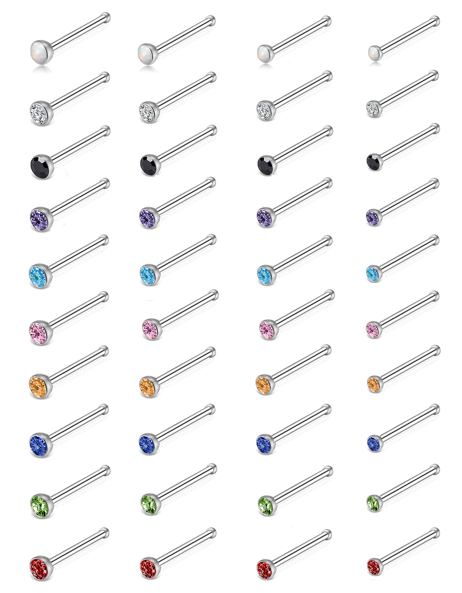 Tornito 20G 40Pcs Stainless Steel Curved Nose Stud Nose Ring CZ L Bone Screw Shaped Nose Screw Piercing Jewelry for Women Men